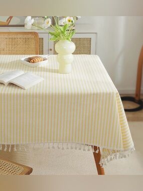Striped Tablecloth with Tassel Trim Cotton Blend Rectangular 55x70” YELLOW WHITE